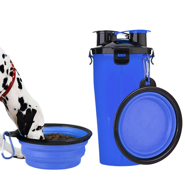 Two Chamber Dog Water & Snack Container, with Foldable Bowl