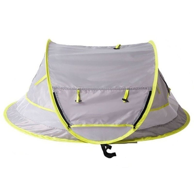 grey and yellow zippered enclosure from sun for baby