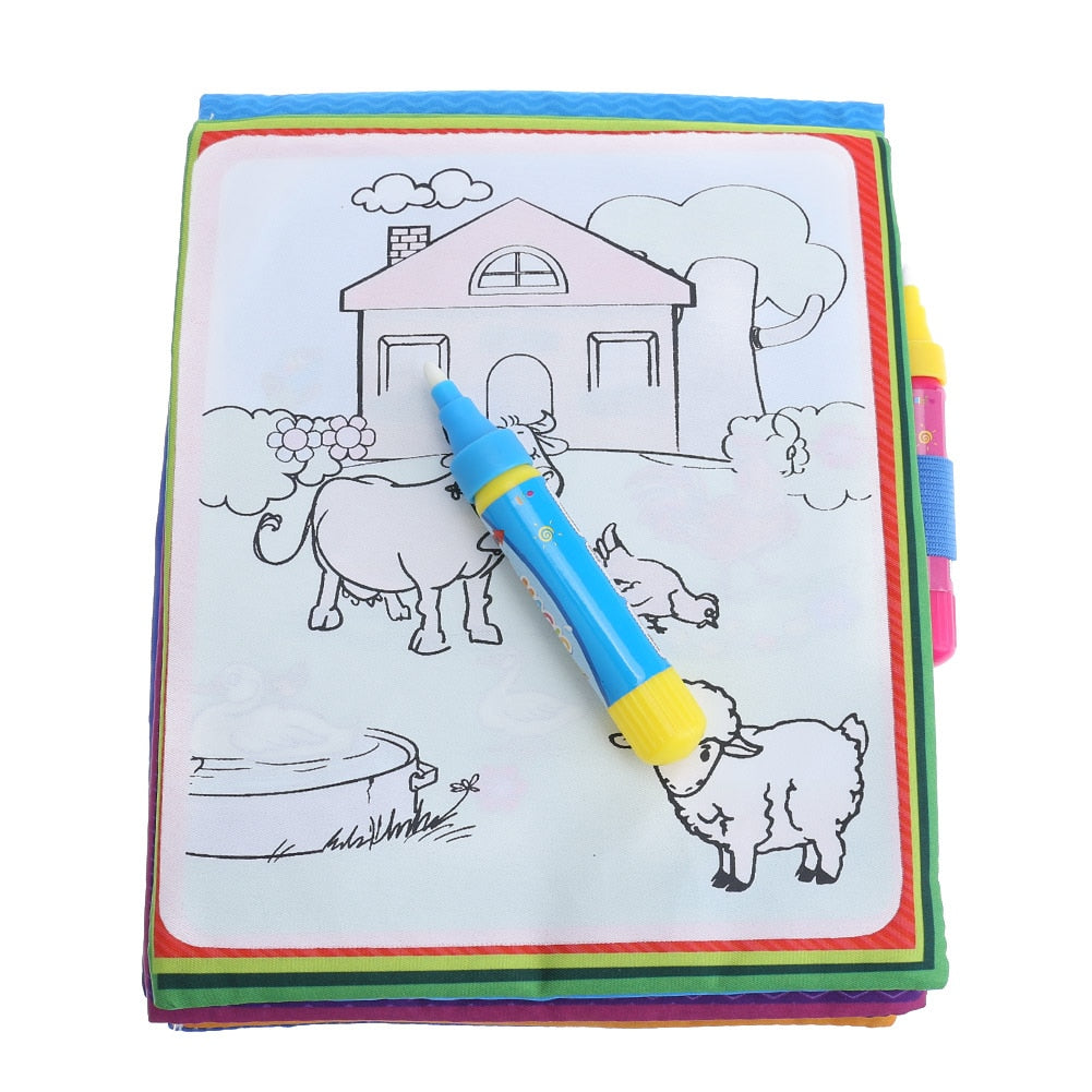 open coloring book with farm scene and pen on top