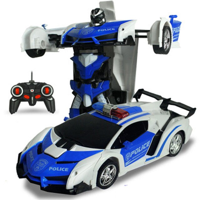 blue/grey Police car, robot transformer, and controller